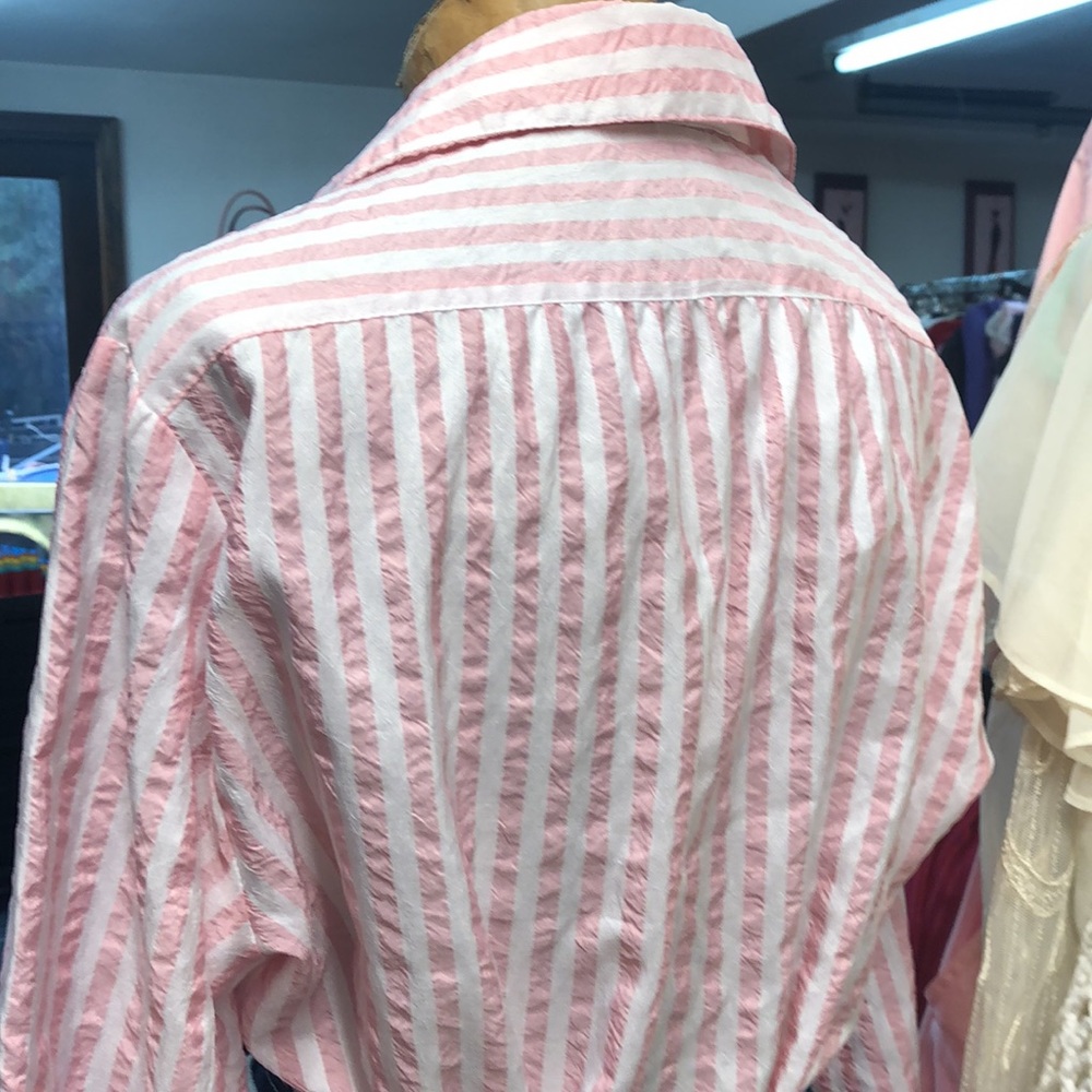 Vintage 80’s -All Hours - pink & white silky polyester top- button down- M - Picture 3 of 8